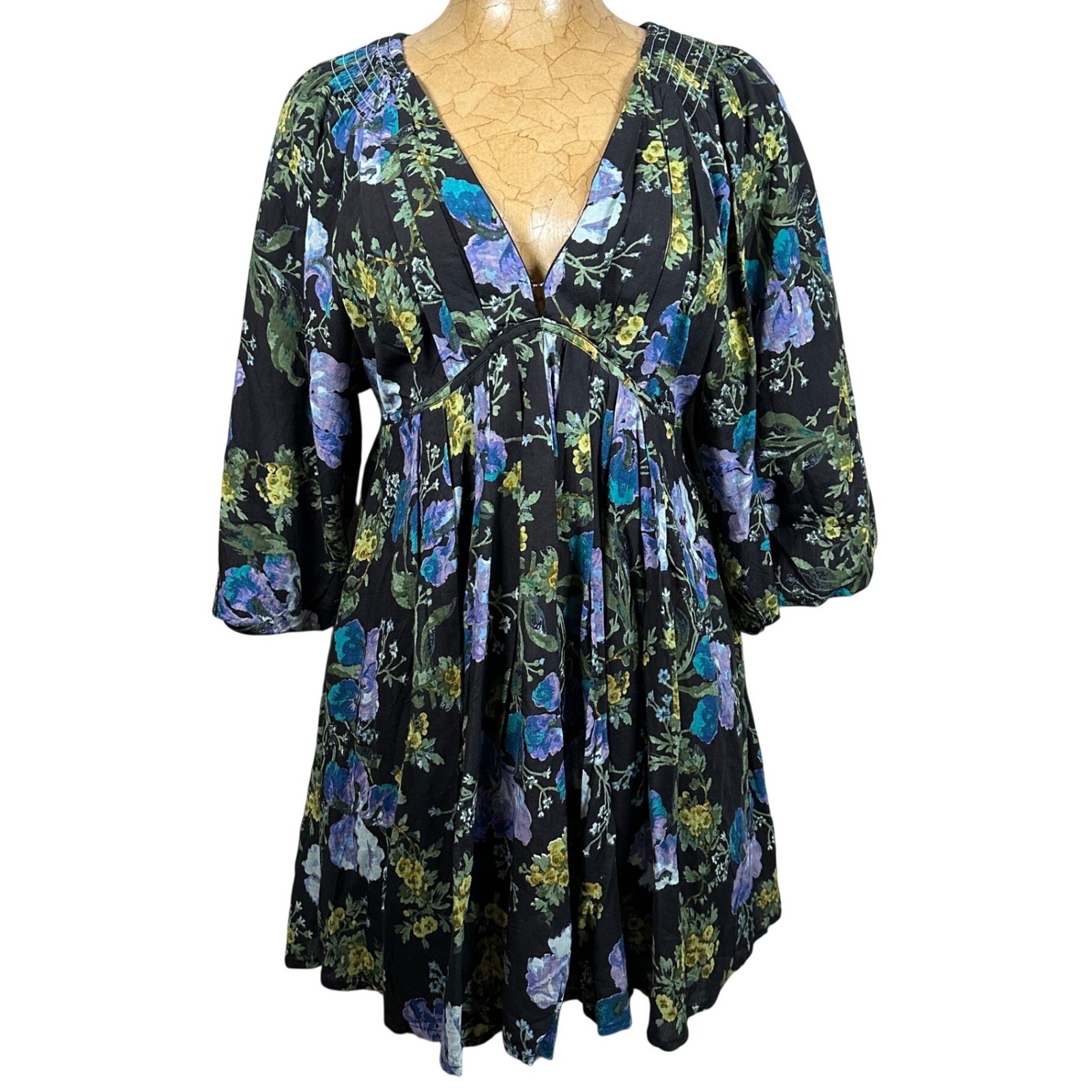 Free People Black Floral Beck Mini Dress Balloon Sleeve Open Back Size S